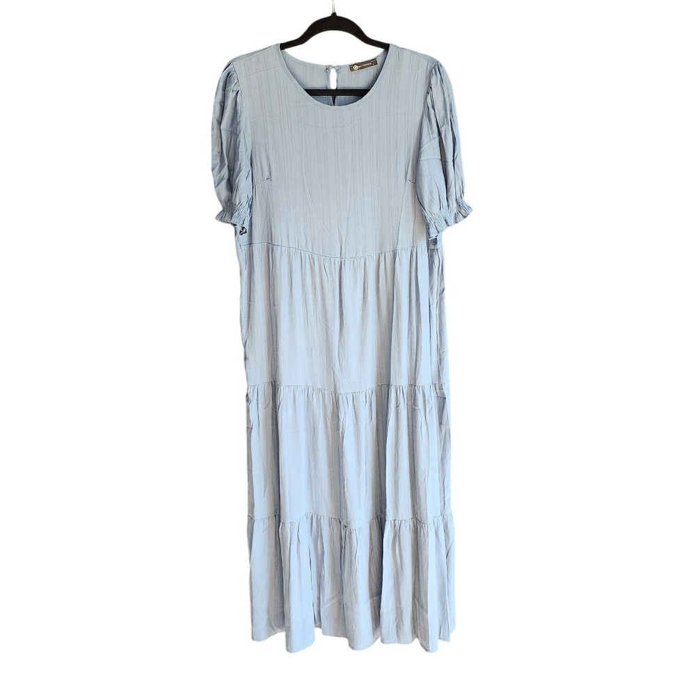 PRETTYGARDEN Tiered Maxi Dress Women Large Blue Puff Sleeve Textured